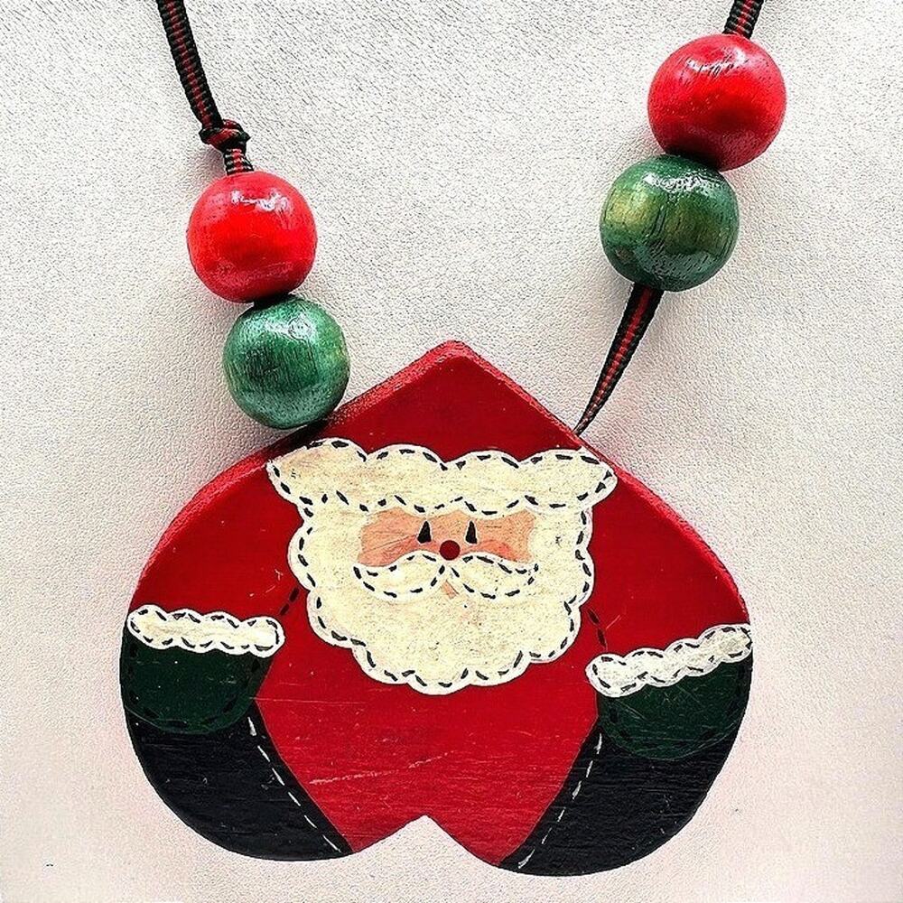 Vintage 90s Christmas Santa Claus Pendant Necklace Wood Jingle Bells Jewelry Y2K